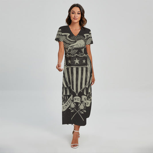 United We Stand American Flag Print Short Sleeve Maxi Dress