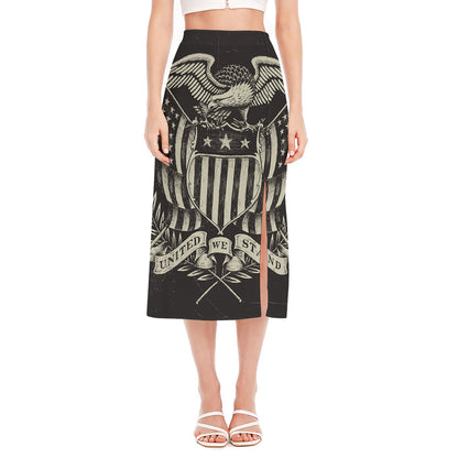 United We Stand American Flag Print Side Slit Midi Skirt