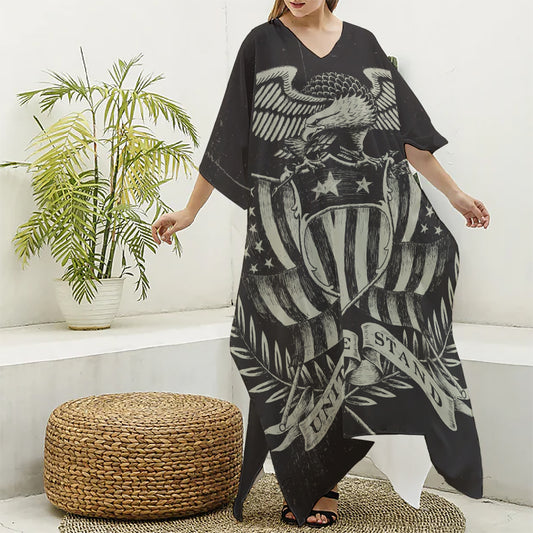 United We Stand American Flag Print Silk V-Neck Kaftan Dress