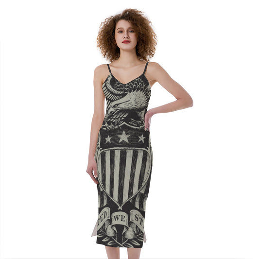 United We Stand American Flag Print Slim Fit Midi Cami Dress