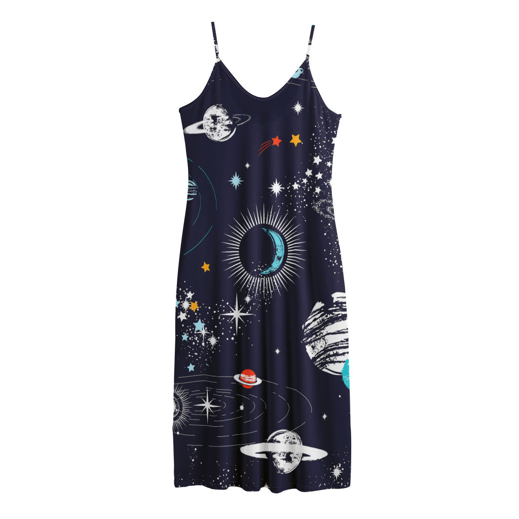 Universe Galaxy Outer Space Print Jersey Midi Cami Dress