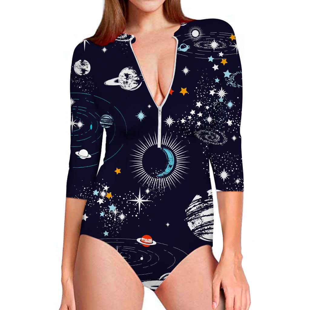 Universe Galaxy Outer Space Print Long Sleeve Swimsuit