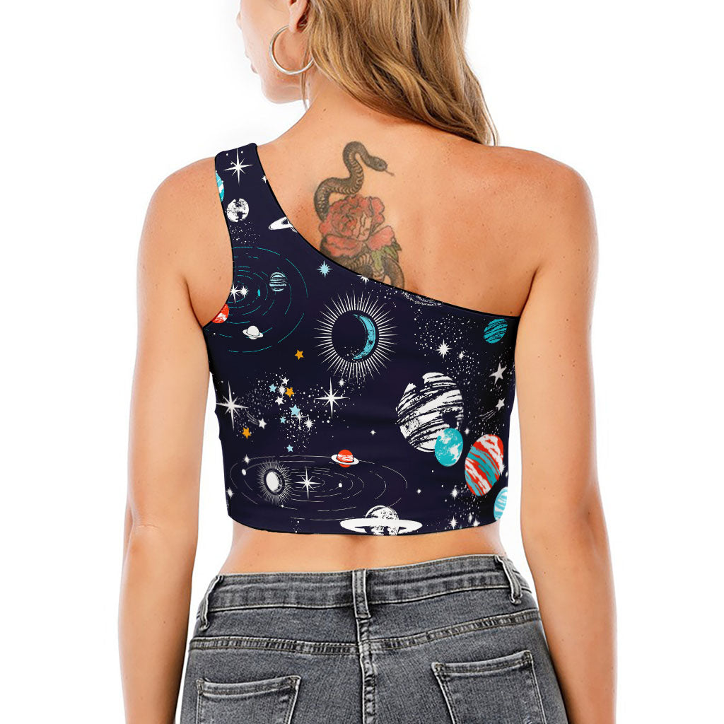 Universe Galaxy Outer Space Print One Shoulder Crop Top
