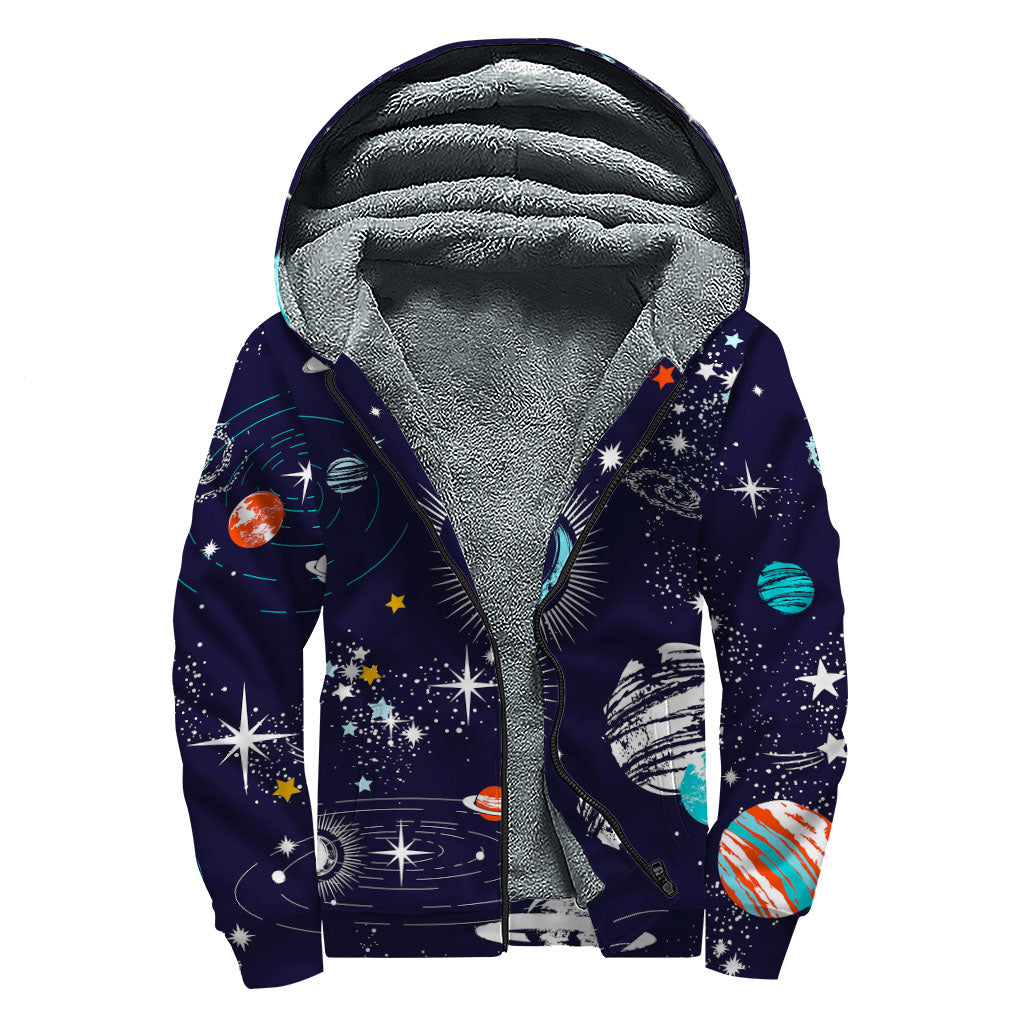 Universe Galaxy Outer Space Print Sherpa Lined Zip Up Hoodie