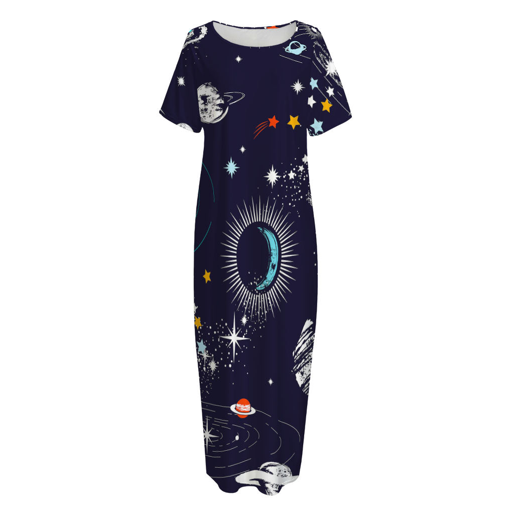Universe Galaxy Outer Space Print Short Sleeve Long Nightdress