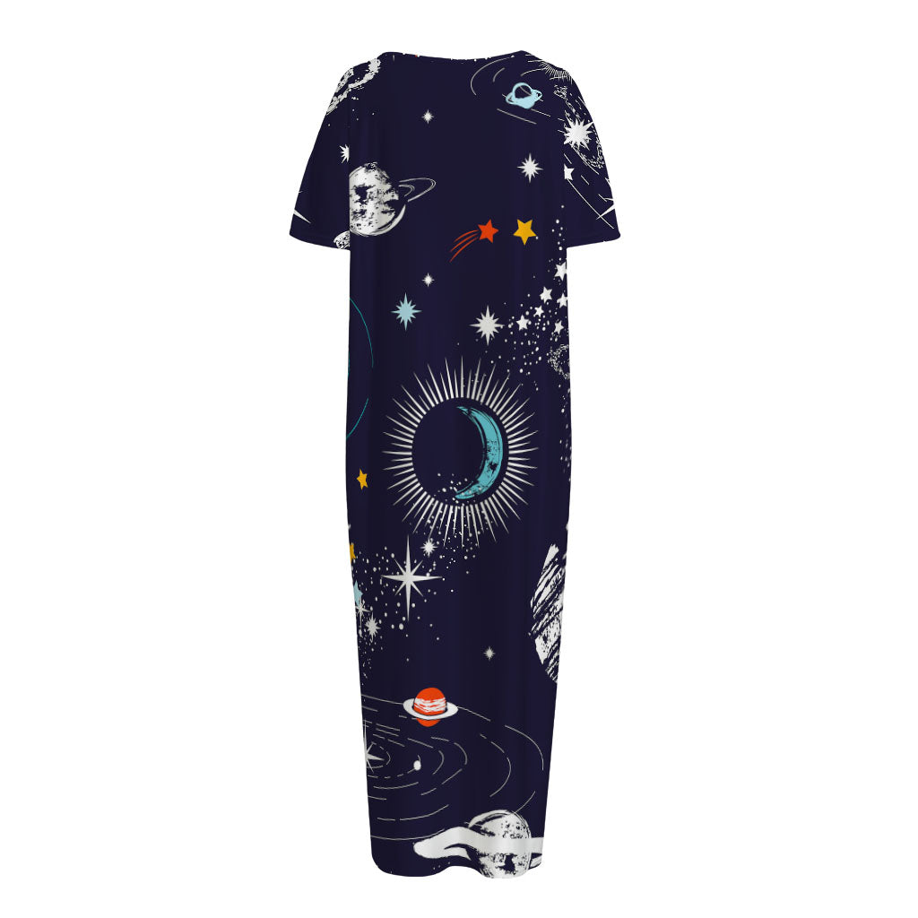 Universe Galaxy Outer Space Print Short Sleeve Long Nightdress
