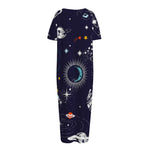 Universe Galaxy Outer Space Print Short Sleeve Long Nightdress