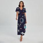 Universe Galaxy Outer Space Print Short Sleeve Maxi Dress