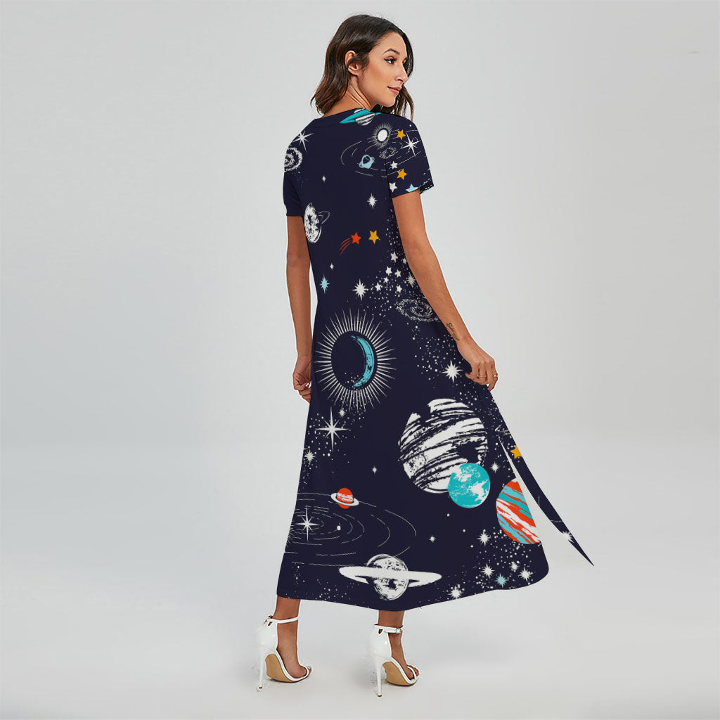 Universe Galaxy Outer Space Print Short Sleeve Maxi Dress