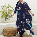 Universe Galaxy Outer Space Print Silk V-Neck Kaftan Dress