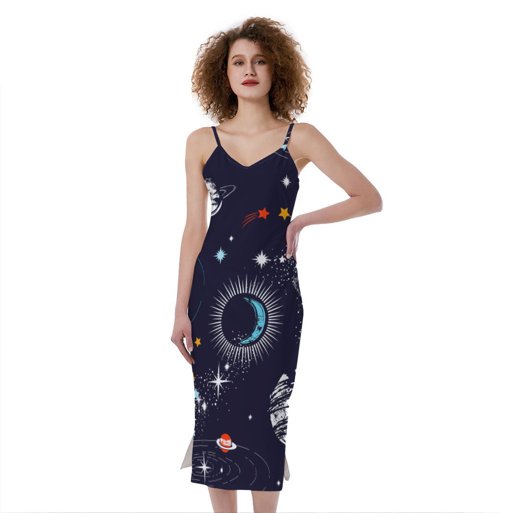 Universe Galaxy Outer Space Print Slim Fit Midi Cami Dress