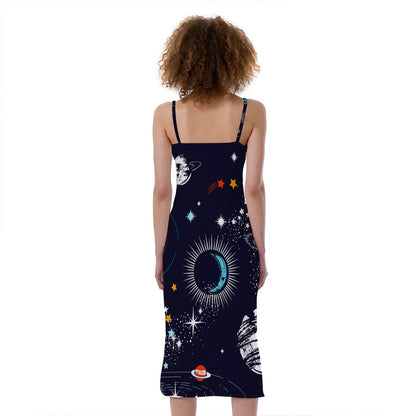 Universe Galaxy Outer Space Print Slim Fit Midi Cami Dress
