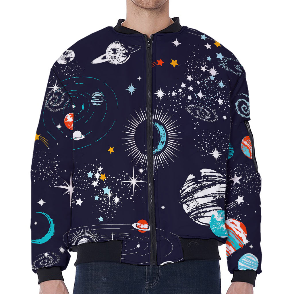 Universe Galaxy Outer Space Print Zip Sleeve Bomber Jacket