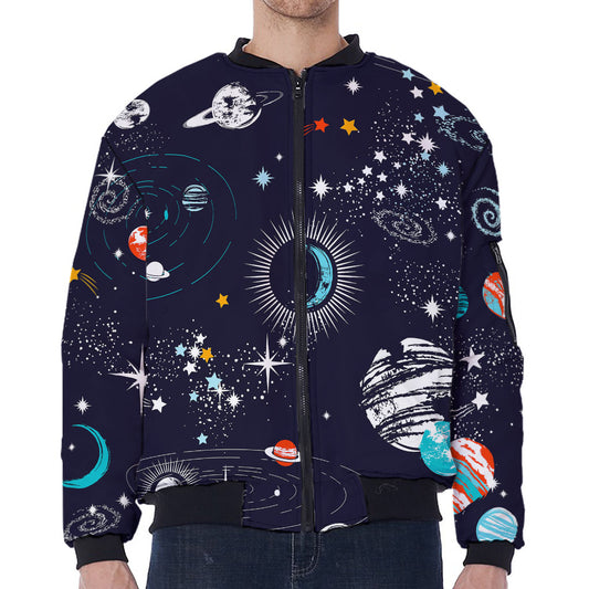 Universe Galaxy Outer Space Print Zip Sleeve Bomber Jacket