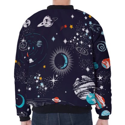 Universe Galaxy Outer Space Print Zip Sleeve Bomber Jacket