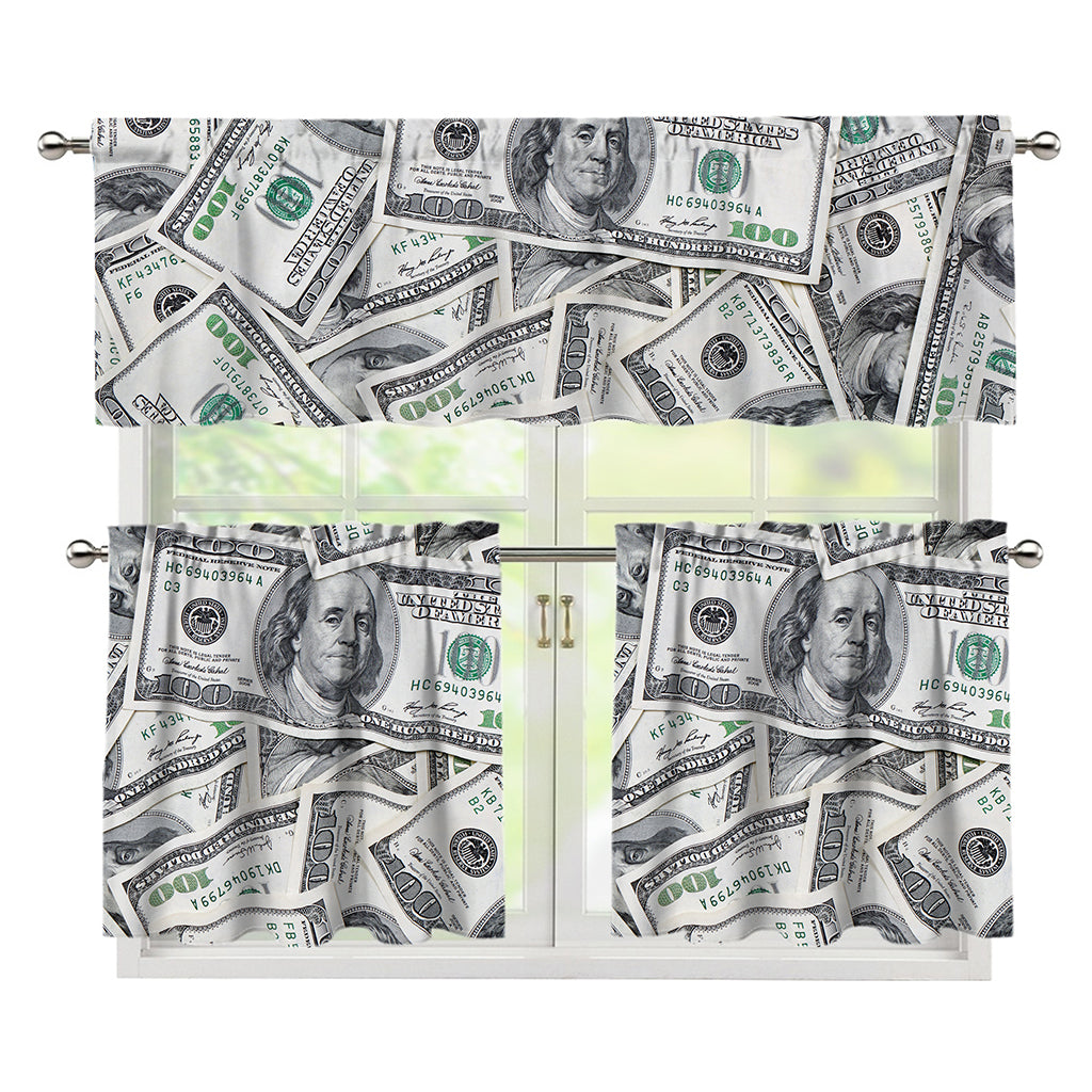 US Dollar Pattern Print 3 Piece Kitchen Curtains