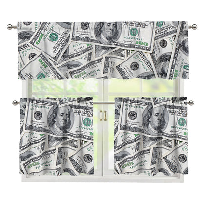 US Dollar Pattern Print 3 Piece Kitchen Curtains