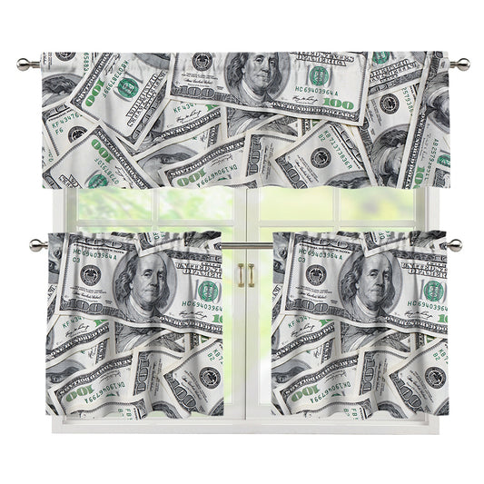 US Dollar Pattern Print 3 Piece Kitchen Curtains