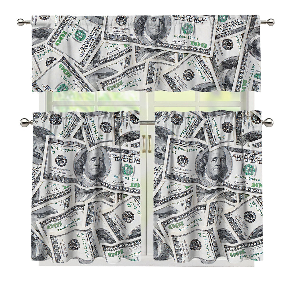 US Dollar Pattern Print 3 Piece Kitchen Curtains