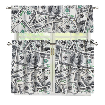 US Dollar Pattern Print 3 Piece Kitchen Curtains