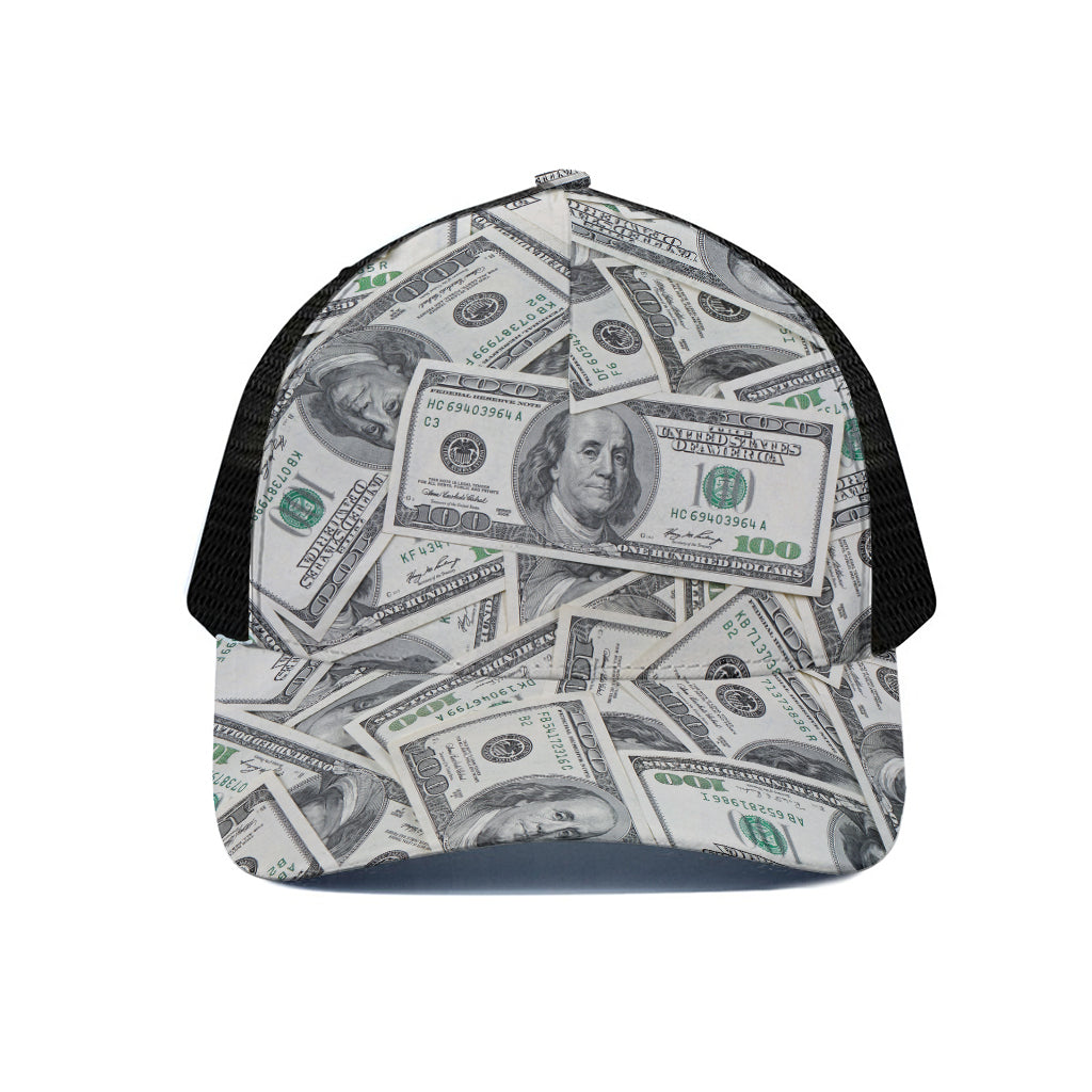 US Dollar Pattern Print Black Mesh Trucker Cap