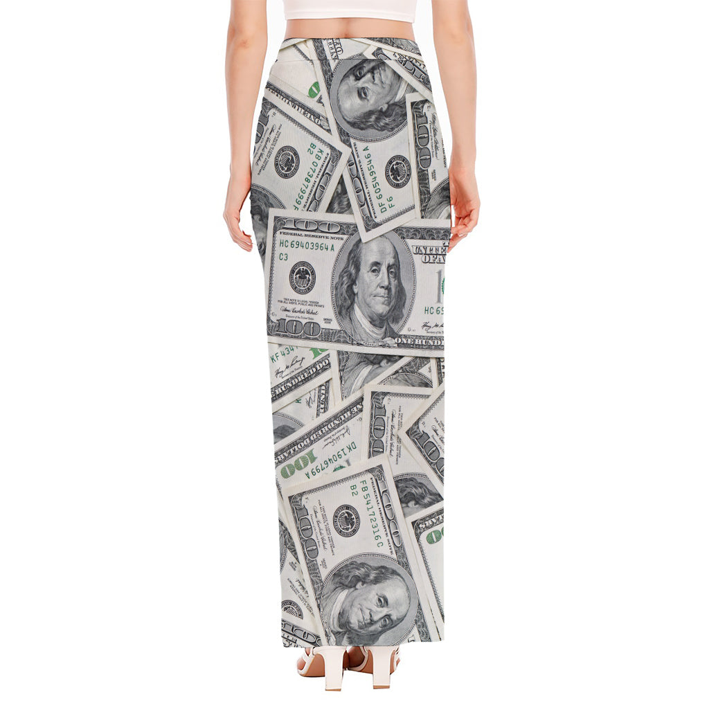 US Dollar Pattern Print High Slit Maxi Skirt