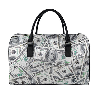 US Dollar Pattern Print Leather Duffle Bag