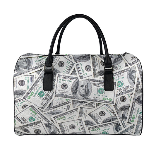 US Dollar Pattern Print Leather Duffle Bag