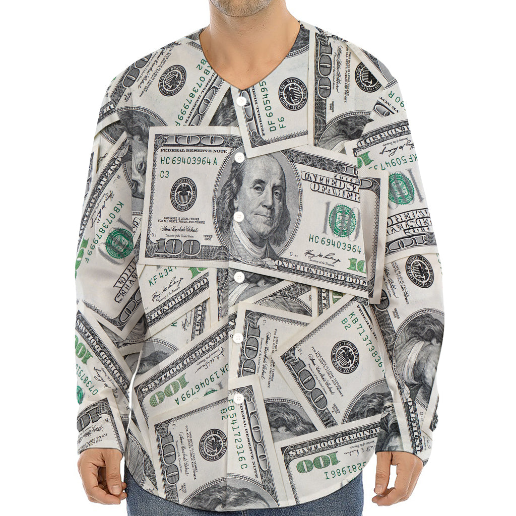 US Dollar Pattern Print Long Sleeve Baseball Jersey