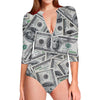 US Dollar Pattern Print Long Sleeve Swimsuit