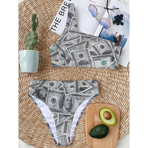 US Dollar Pattern Print One Shoulder Bikini Top