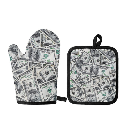 US Dollar Pattern Print Oven Mitt And Pot Holder Set