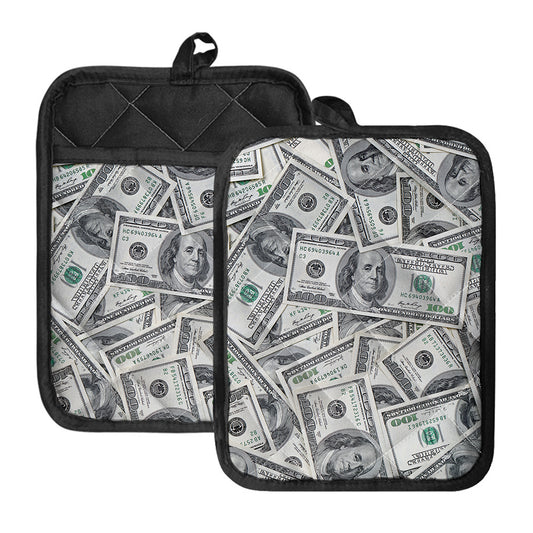 US Dollar Pattern Print Pot Holders With Pocket