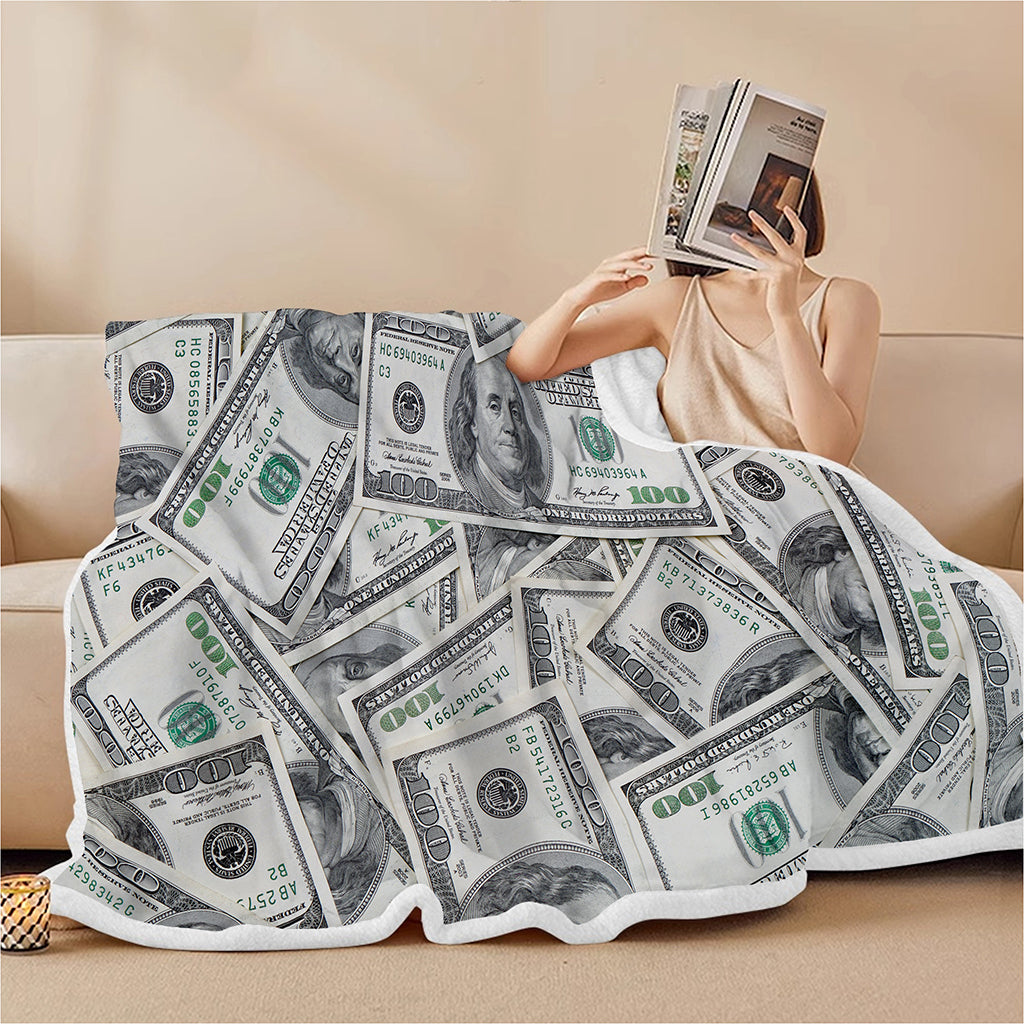 US Dollar Pattern Print Sherpa Blanket