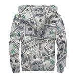 US Dollar Pattern Print Sherpa Lined Zip Up Hoodie