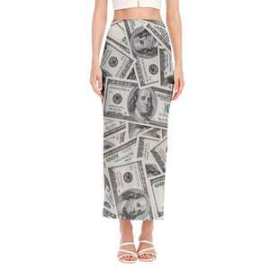 US Dollar Pattern Print Side Slit Maxi Skirt