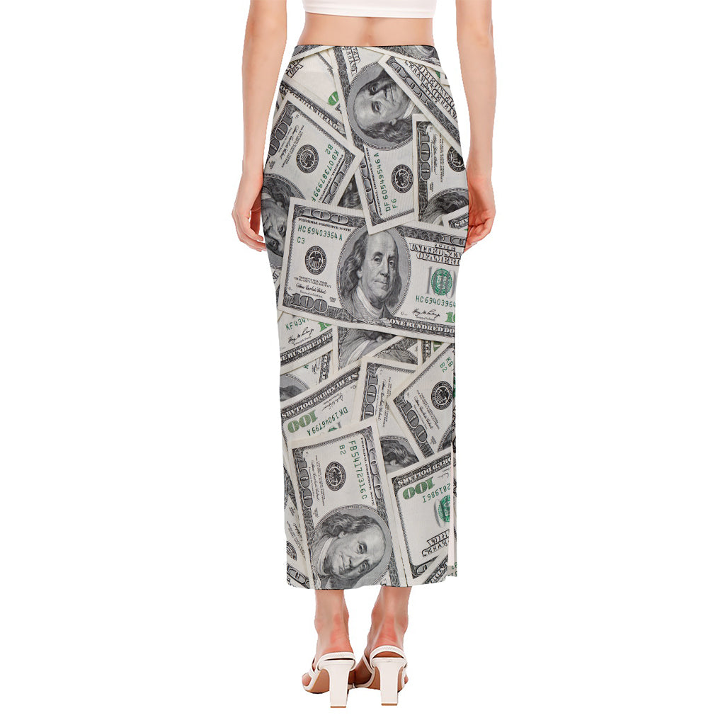 US Dollar Pattern Print Side Slit Maxi Skirt