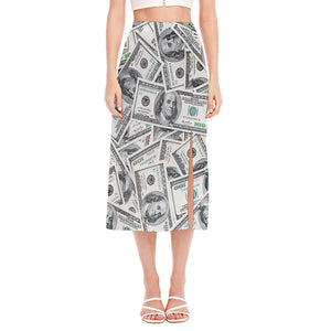 US Dollar Pattern Print Side Slit Midi Skirt