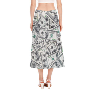 US Dollar Pattern Print Side Slit Midi Skirt