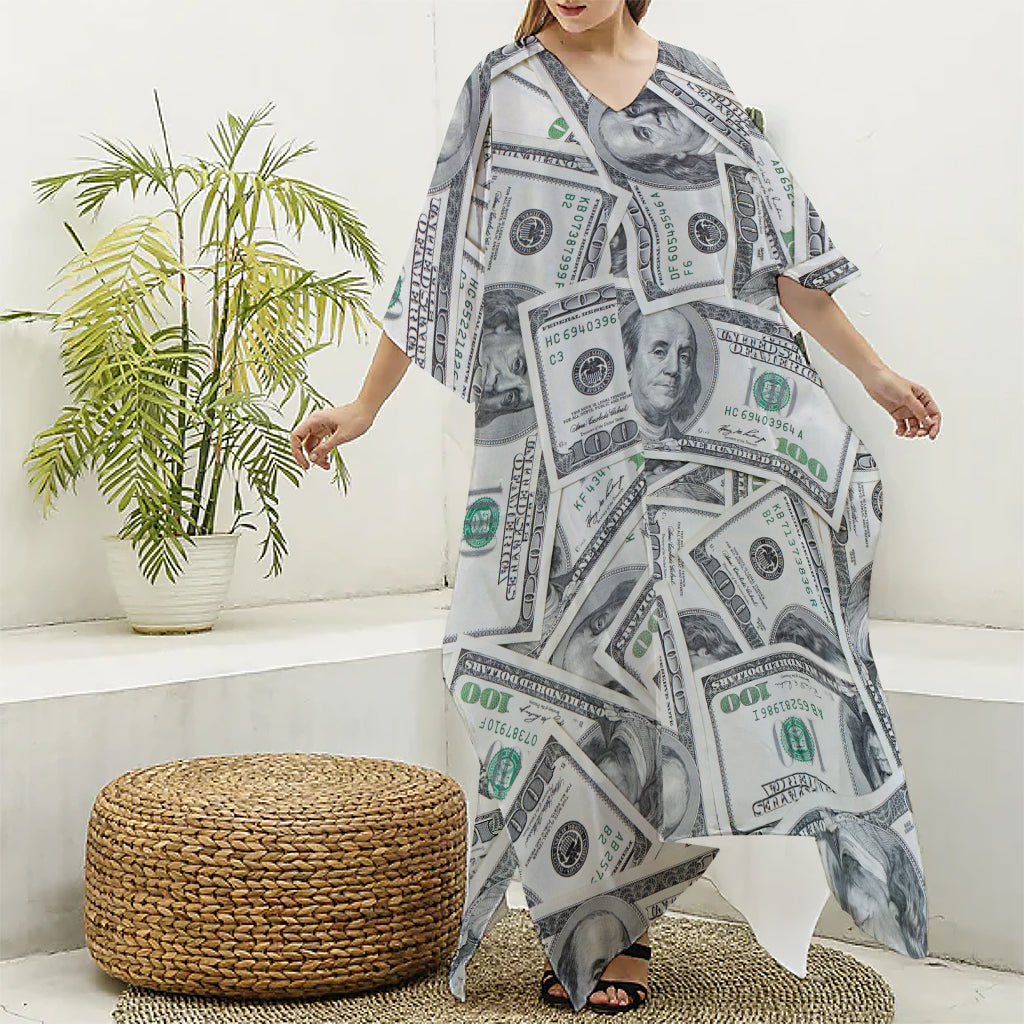 US Dollar Pattern Print Silk V-Neck Kaftan Dress