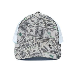 US Dollar Pattern Print White Mesh Trucker Cap