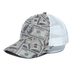 US Dollar Pattern Print White Mesh Trucker Cap