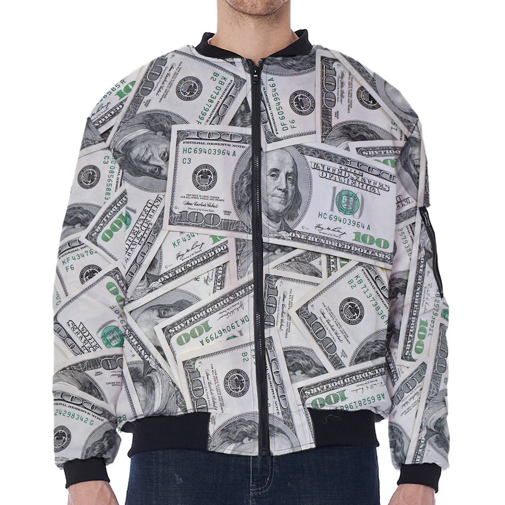 US Dollar Pattern Print Zip Sleeve Bomber Jacket