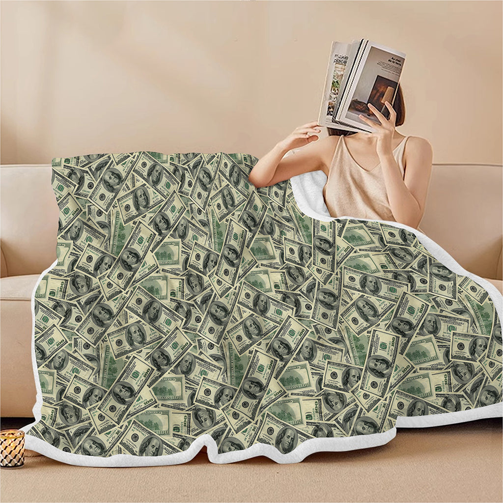 US Dollar Print Sherpa Blanket