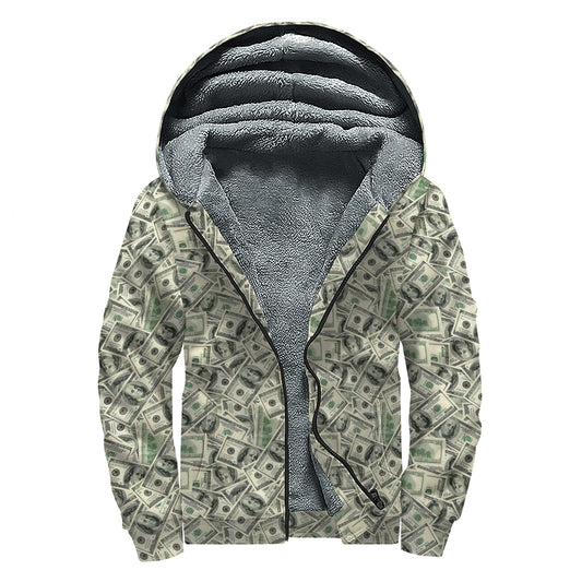 US Dollar Print Sherpa Lined Zip Up Hoodie