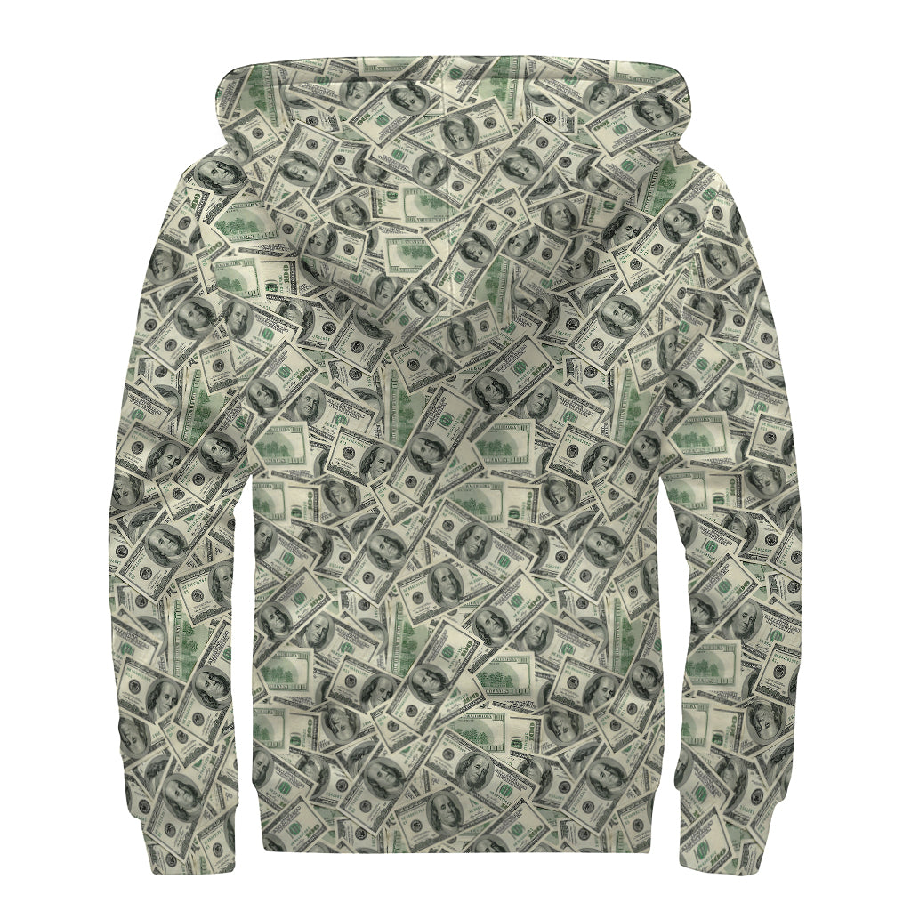 US Dollar Print Sherpa Lined Zip Up Hoodie