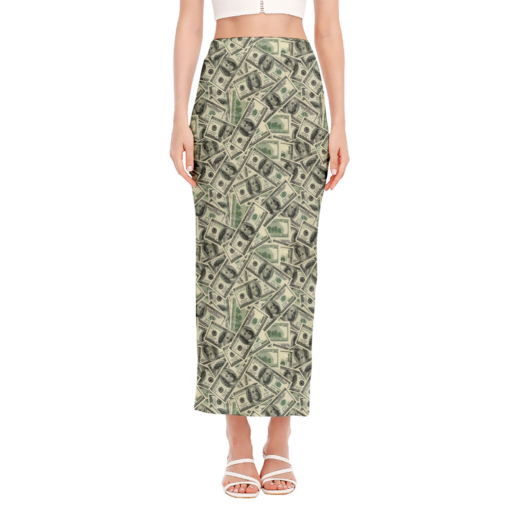 US Dollar Print Side Slit Maxi Skirt