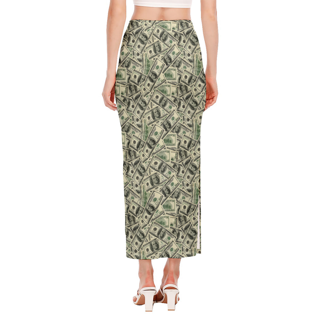 US Dollar Print Side Slit Maxi Skirt