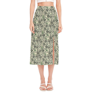 US Dollar Print Side Slit Midi Skirt