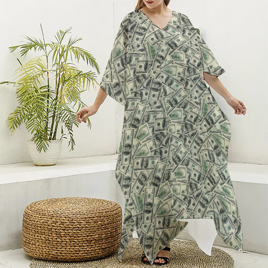 US Dollar Print Silk V-Neck Kaftan Dress